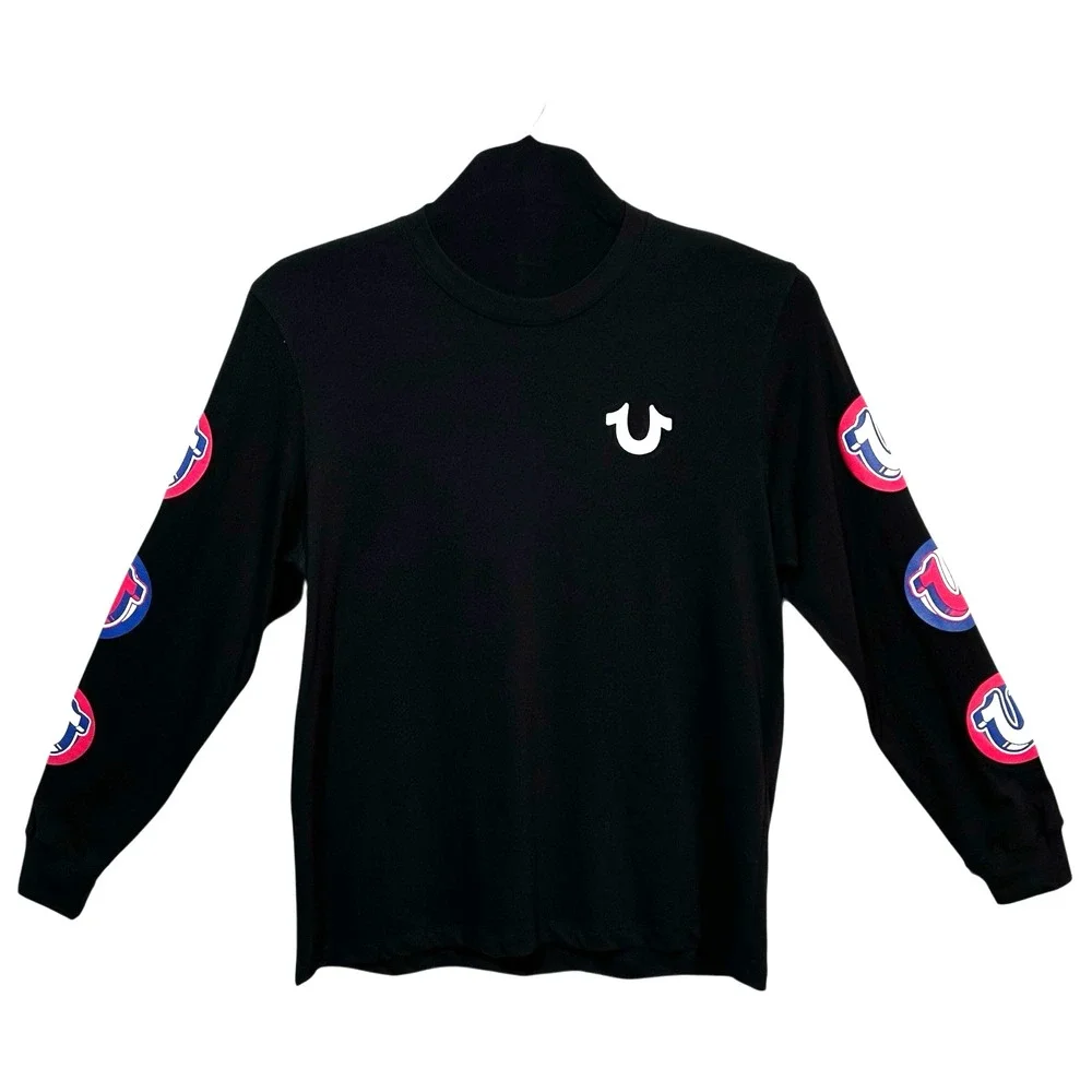 True Religion Men's Pop Horse Shoe Logo Long Sleeve‎ Tee Size XL Black Crew Neck